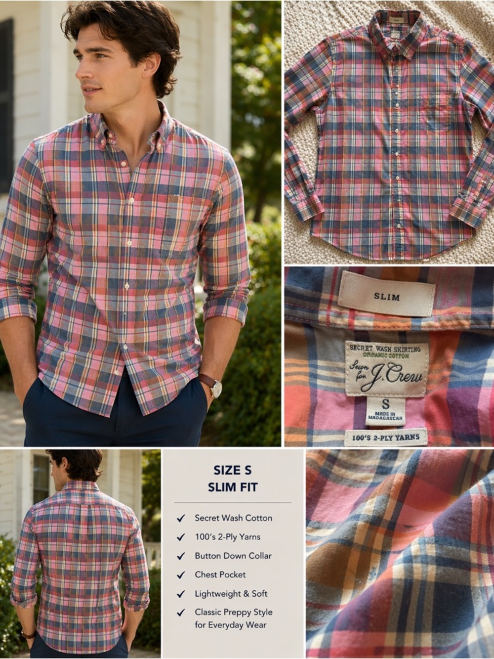 J.Crew Plaid Button Down S | Slim Fit Secret Wash Cotton